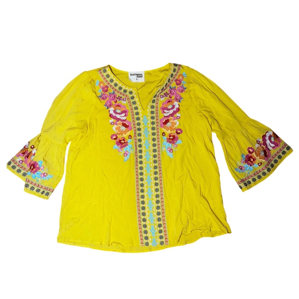 Savanna Jane Mustard Yellow Floral Embroidered Bell Sleeve Boho Blouse Medium